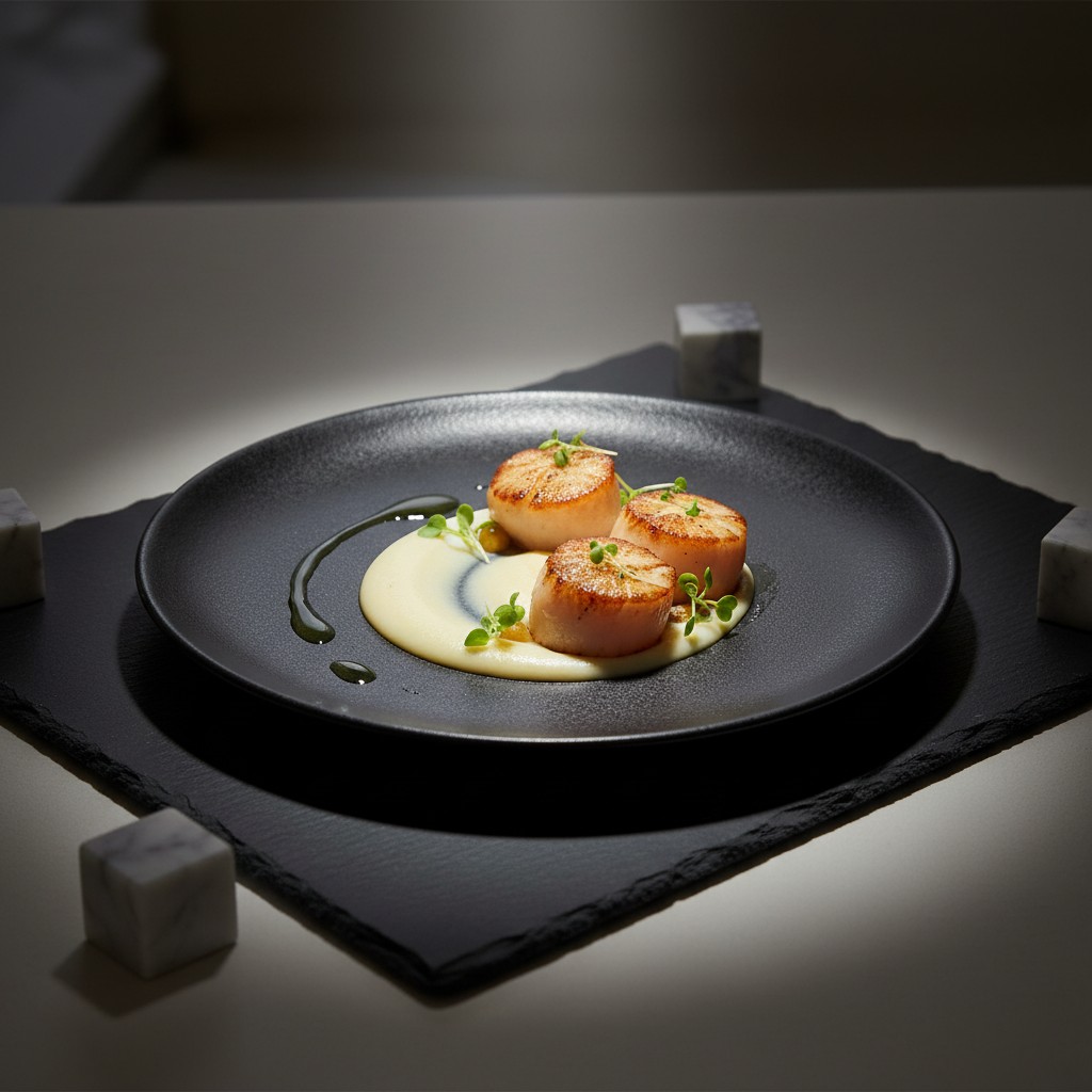 Scaled sea scallops over a bed of cauliflower cream with a drizzle of sauce and microgreens. Eastern, sunny exposure. A da...