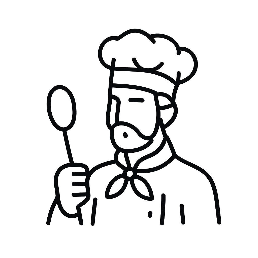 A simple drawing of a chef holding a spoon in hand while wearing a chefs hat and cloth. The solid black background dominat...